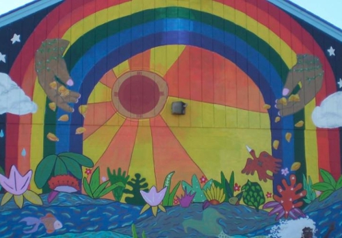 rainbow mural on parks & rec field house
